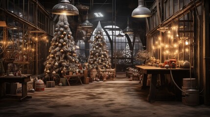 Generative AI, Christmas interior rural background, Santa Claus rustic workshop	