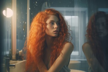 Red haired cute young woman with long curly hair. Ginger lady model looking away in mirror. Generate ai