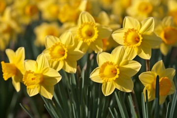 Obraz premium Daffodils spring flower field. Beautiful blossoming yellow springtime flowers. Generate ai