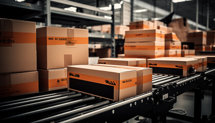 Packaging boxes lying next to a conveyor belt,