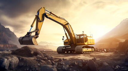 Crawler excavator during earthmoving works on construction site at sunset.
