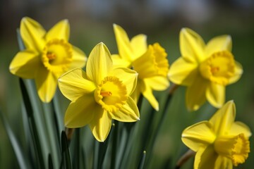 Obraz premium Daffodils yellow flowers closeup shot. Natural springtime blossoming narcissus flora. Generate ai
