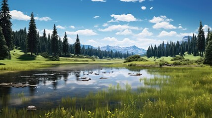countryside meadow scenery north landscape illustration lakeside picturesque, cloudy dramatic, sky summer countryside meadow scenery north landscape - obrazy, fototapety, plakaty