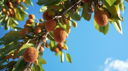 A Salak (Snake Fruit) tree loaded with ripe fruits against a clear blue sky. The image conveys the abundance of the fruit.