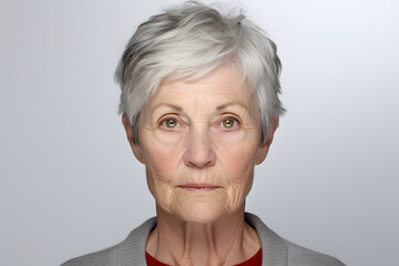 Portrait of senior gray-haired Caucasian woman on white background. Neural network generated photorealistic image. Not based on any actual person or scene.