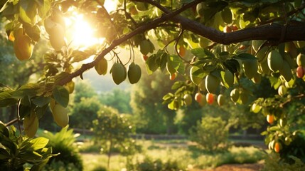 A serene pawpaw garden during golden hour, with the soft sunlight casting a warm glow on the fruit-laden branches. - obrazy, fototapety, plakaty