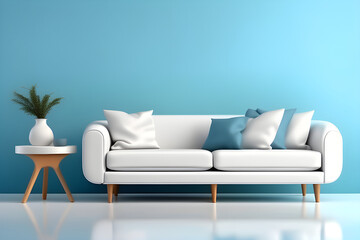 Fototapeta na wymiar White sofa or couch with side tables on a solid blue background, banner size, fresh and calm interior generative AI