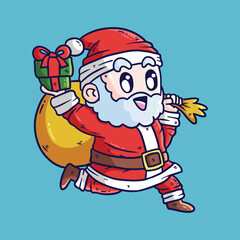 Cute cartoon illustration of Santa claus runing and bring Christmas gifts. Cute Santa Cartoon Vector Illustration