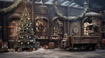 Fototapeta premium Generative AI, Christmas interior rural background, Santa Claus rustic workshop.