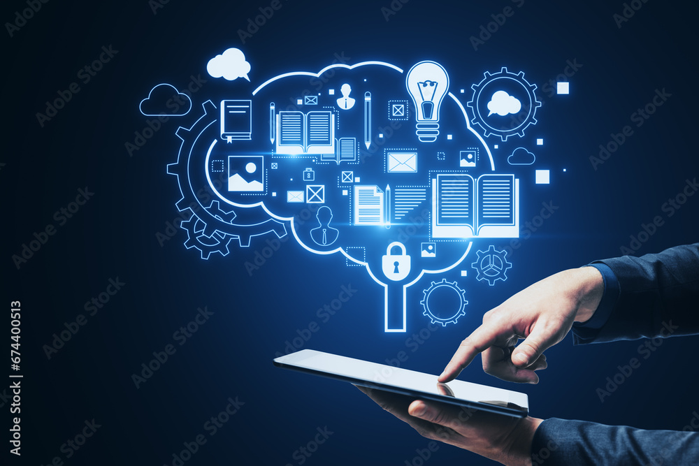 Poster close up of businessman hand pointing at cellphone with glowing brain outline and books hologram on 