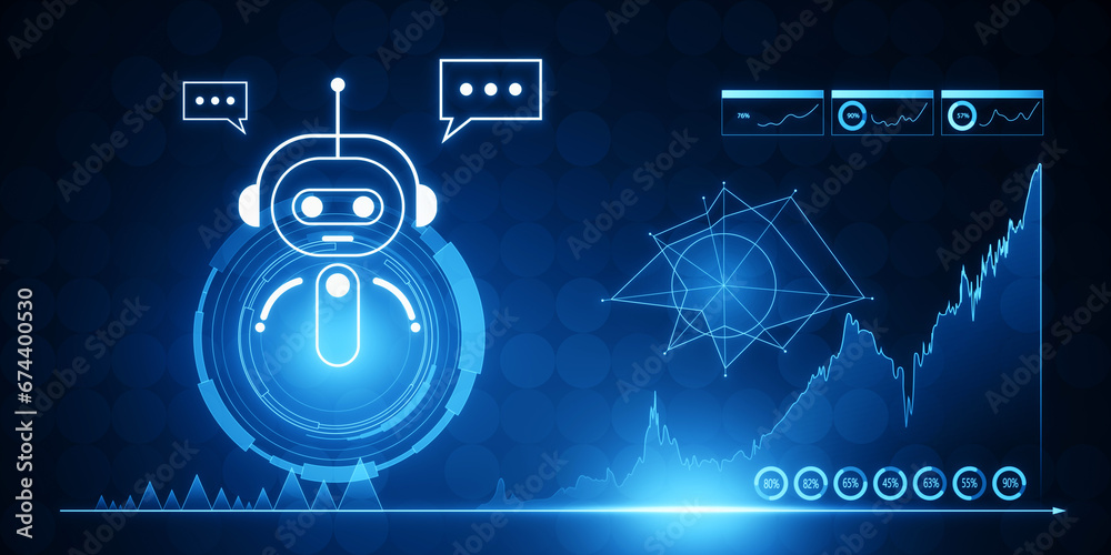 Aufkleber Glowing robot and chart hologram on blurry background. Artificial intelligence, chat GPT, bot assistant and machine learning concept. 3D Rendering.