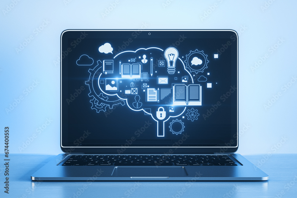 Fototapete Close up of laptop with glowing brain outline and books hologram on blurry background. Artificial intelligence, chat GPT, bot assistant and machine learning concept. 3D Rendering.