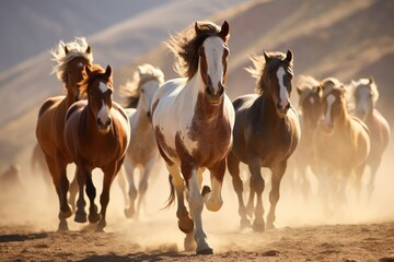 Group of horses running gallop. Mustangs in the desert.