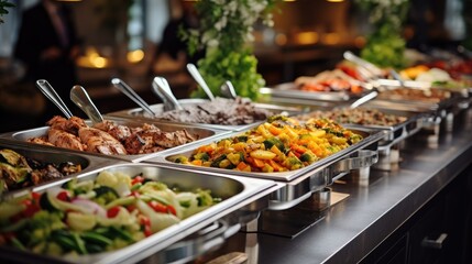 Catering buffet food on a long table in a hotel restaurant