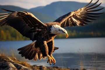 Flying blad eagle above the lake, Haliaeetus leucocephalus