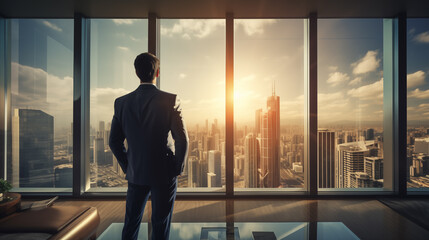 Businessman standing in office room, business cooperation concepts - obrazy, fototapety, plakaty