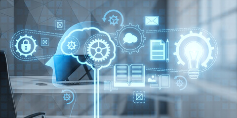 Modern office workplace with joint search for ideas hologram, abstract person's head, filled with ideas of thought and analytics, replacing the old with the new. Blurry background. Double exposure.