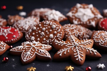 Christmas baked gingerbread cookies decorated with festive icing on desk. Holiday homemade sweets.