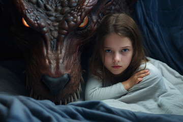 Description: Young girl snuggled in a blanket, bonding with a dragon, sharing a moment of intense connection, both gazing at the camera.