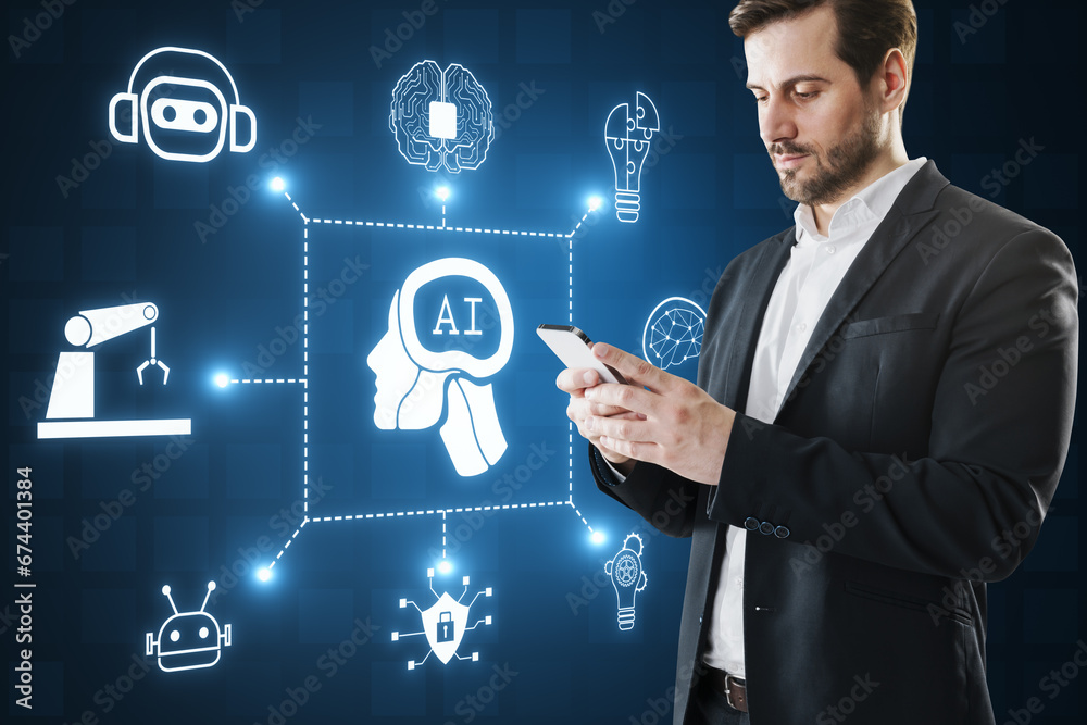 Poster attractive thoughtful businessman with smartphone and creative ai hologram with digital human head o