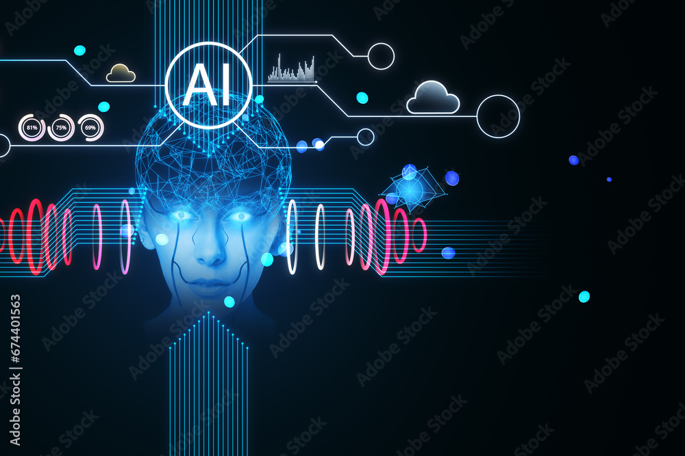 Leinwandbilder creative polygonal human head and icons hologram on dark backdrop. artificial intelligence, chat gpt
