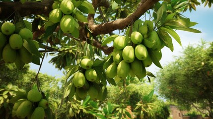 A Star Apple (Cainito) tree laden with ripe fruit, with a background of lush green leaves.