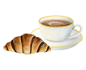 White coffee cup with chocolate French croissant watercolor illustration isolated on white background for coffee break, breakfast, menus, invitations
