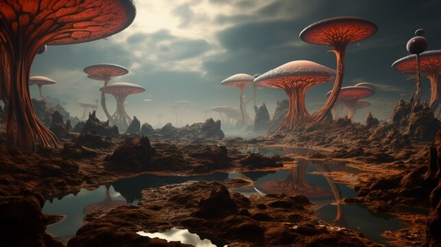 A surreal landscape where tamarillos are embedded in the surface of an alien planet, under an unfamiliar, otherworldly sky.