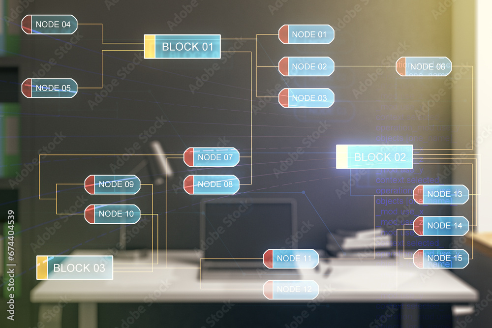 Poster double exposure of abstract programming language and modern desktop with laptop on background, resea