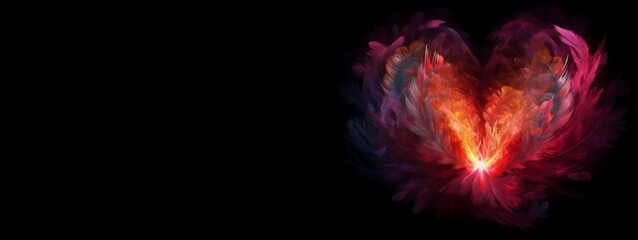 Feather heart shape colorful love banner. Romance art nature affection. Generate Ai