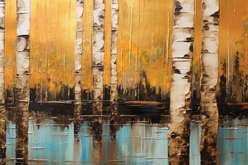 Abstract art gold details, acrylic oil painting of birch trees landscape of water from a lake.