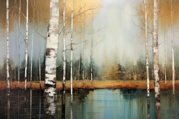 Abstract art gold details, acrylic oil painting of birch trees landscape of water from a lake.