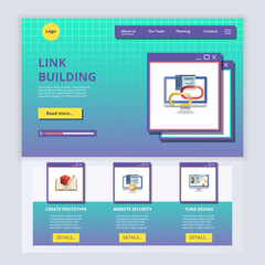 Link building flat landing page website template. Create prototype, website security, tune design. Web banner with header, content and footer. Vector illustration.