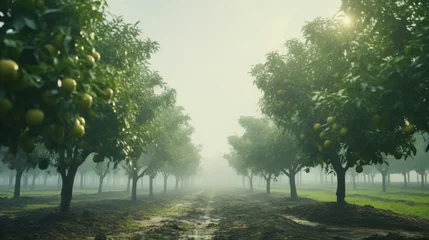 Papier Peint photo Lavable Bouleau Longan orchard in the misty morning, with rows of trees disappearing into the fog, creating a dreamy atmosphere.