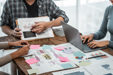 American, African, and Asian employees discuss market research results or sales statistics in briefings with Korean and Caucasian colleagues in the office.