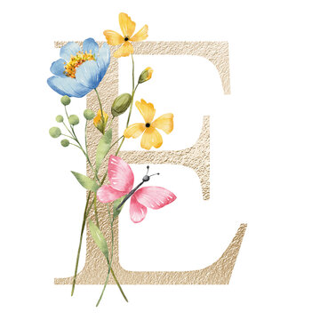 Gold letter E with watercolor flowers and leaves. Floral alphabet,  monogram initials perfectly for birthday, wedding invitations, greeting card, logo, poster and other design. Hand painting.