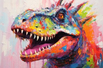 Abstract colorful oil acrylic painting T-lek Dinosaur,pallet knife on canvas.