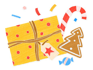 Yellow holiday gift box with christmas candy