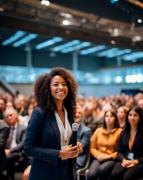 Female keynote speaker or influencer holding a motivational presentation to a live audience. Concept of speaking in front of people, perhaps as a leader or presenter. Shallow field of view.
