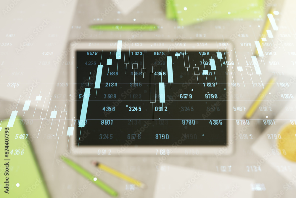 Poster Abstract creative stats data concept and modern digital tablet on background, top view. Multiexposure