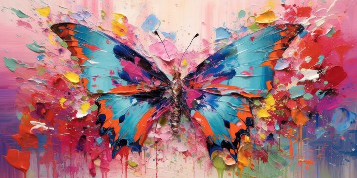 Abstract colorful oil acrylic painting butterfly, pallet knife on canvas.