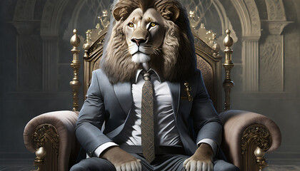 Fototapeta premium Lion dressed as a king sitting on a throne wearing a suit and tie looking away fantasy