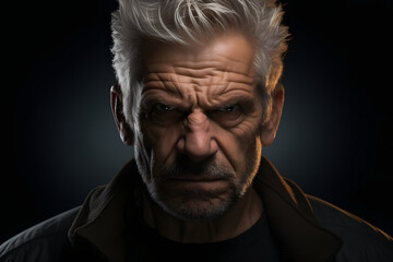 Fototapeta premium Angry mature Caucasian man, head and shoulders portrait on black background. Neural network generated photorealistic image. Not based on any actual person or scene.