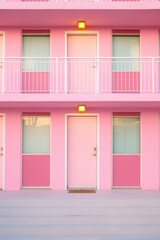 four pink motel doors on a building with a balcony, in the style of y2k aesthetic, minimalist and monochromatic, cute and dreamy, playful color schemes, punk rock aesthetic