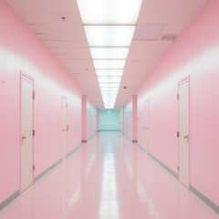 Pink hallway in the building. Pastel pink and blue colors. Retro aesthetic. Popart inspo. Romantic...