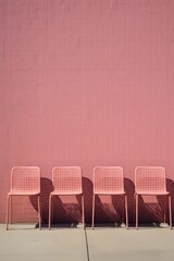 Red outdoor chairs in an empty parking lot, with a minimalistic aesthetic and simple pink pastel colors. Pop art concept.