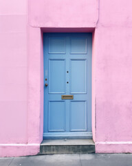 A blue door on a pink wall. Pastel colors aesthetic,. Romantic monomal photography.