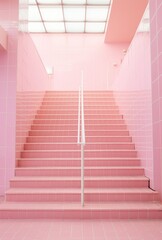 Pink stairs leading to an art deco museum. Minimal pastel aesthetic.