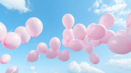 Bright blue sky whit white clouds above the pastel pink ballons. Minimal aesthetic dreamy concept.