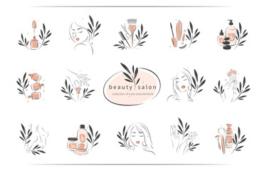 Big set of elements and logos for beauty salon. Beautiful woman face, eyelash extension, makeup, hairdressing, nail polish, manicured female hands and legs. Vector illustrations - obrazy, fototapety, plakaty